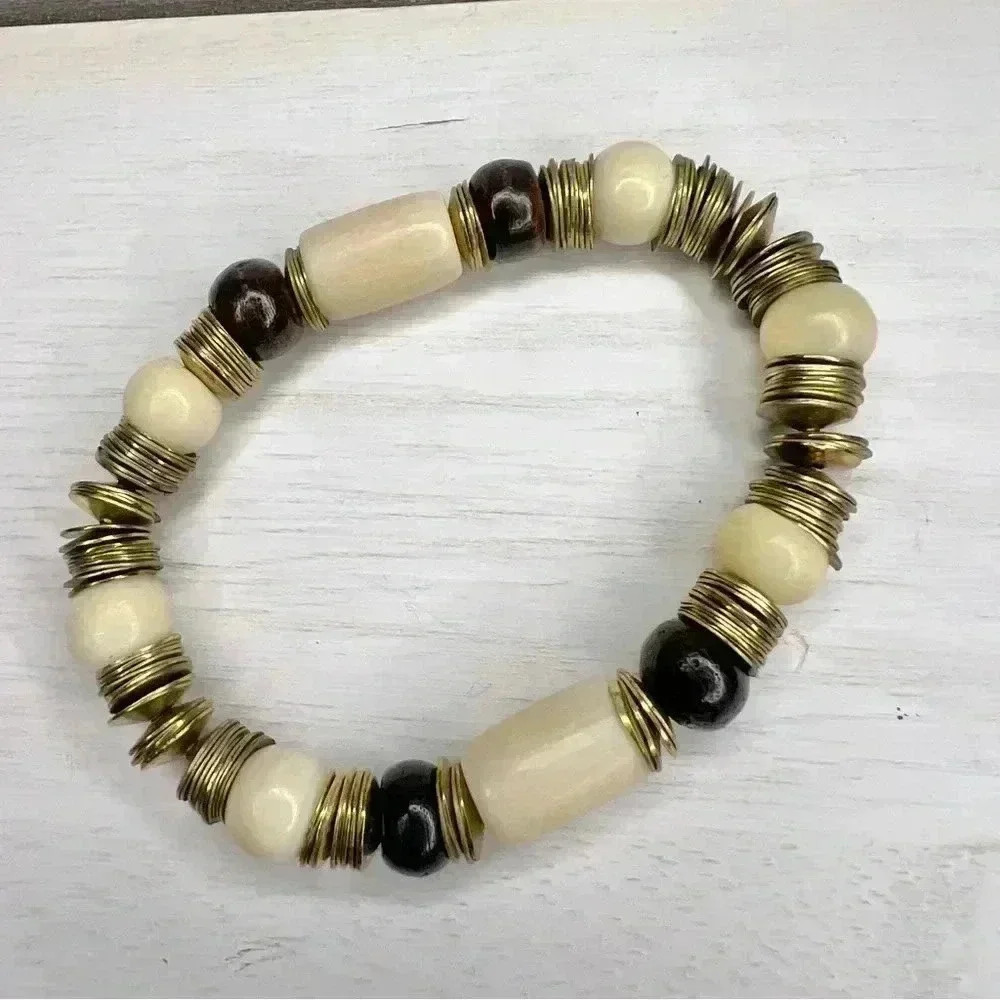 Noonday Collection 3 Stretch Bracelets Gold Tone, Black, Cream & White Beads - Picture 3 of 5